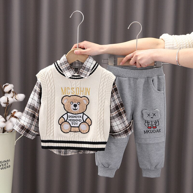 nvxiot New Spring Autumn 3PCS Boys Clothing Set Cartoon Bear Sweater Vest Long Sleeve Shirts Cotton Pants Baby Boys Clothes