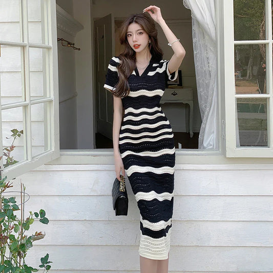 nvxiot  -  2024 summer new retro niche striped knitted dress with V-neck and short sleeves slim fit and slim fit, paired with Hepburn style