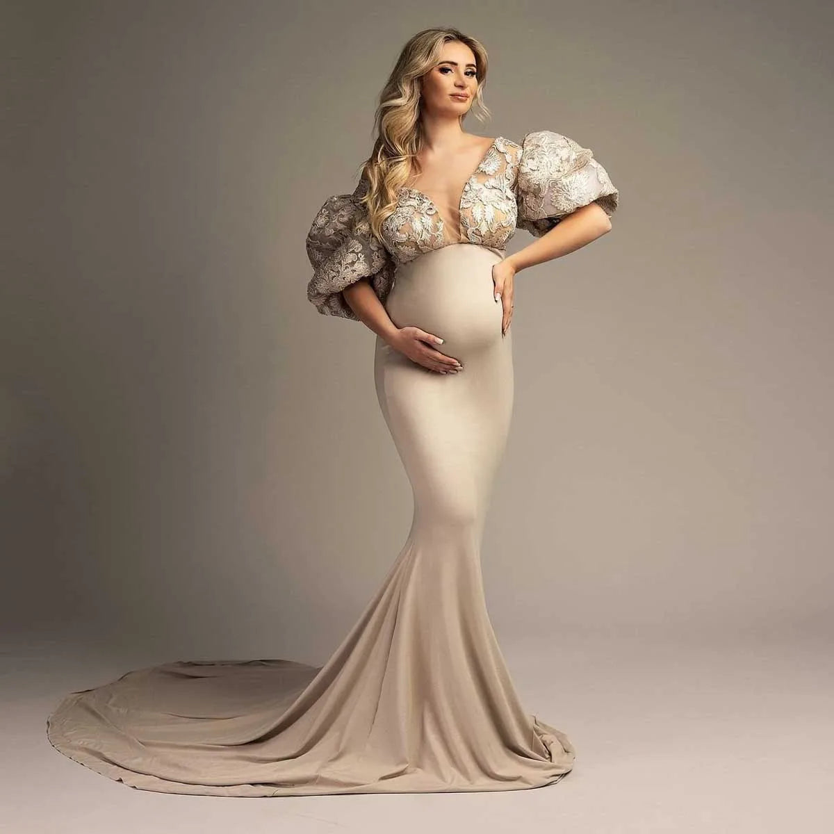 MQTIME  -  Gorgeous Khaki Mermaid Maternity Dresses Pregnancy Women Photoshoot Dress Stretchy Lace Photography Babyshower Dress Custom Made