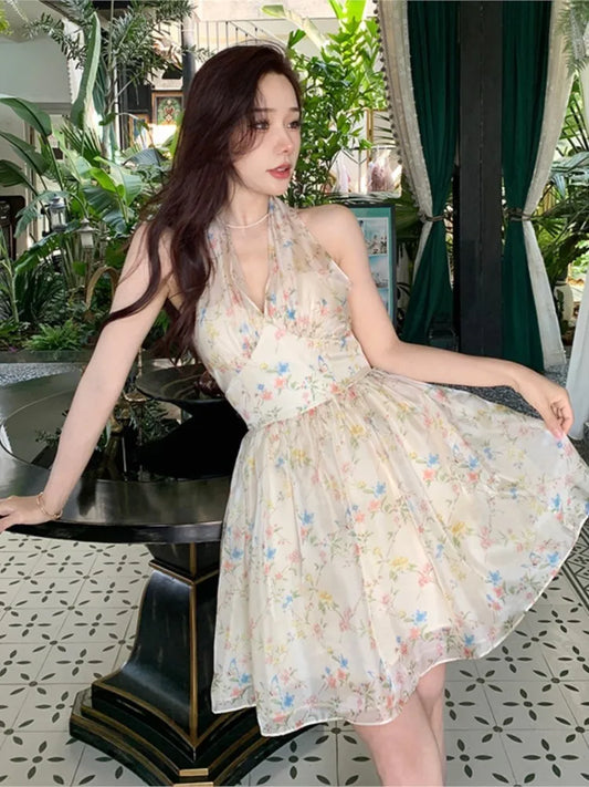 nvxiot Summer Women's Butterfly Floral Dress New Fashion V-neck Princess Dress Vintage Sexy Backless Ladies Beach Boho Vestidos