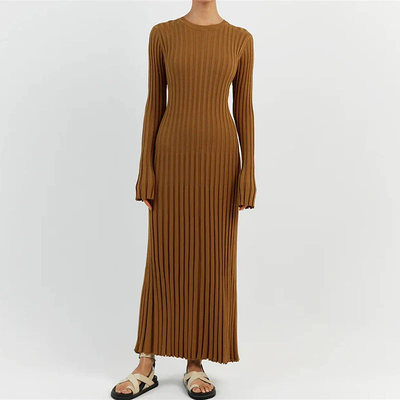 nvxiot 90s Vintage Tie Waist Dress Women Elegant Ribbed Knit Full Sleeve Maxi Dress Crew Neck Bodycon Pencil Long Dress Streetwear