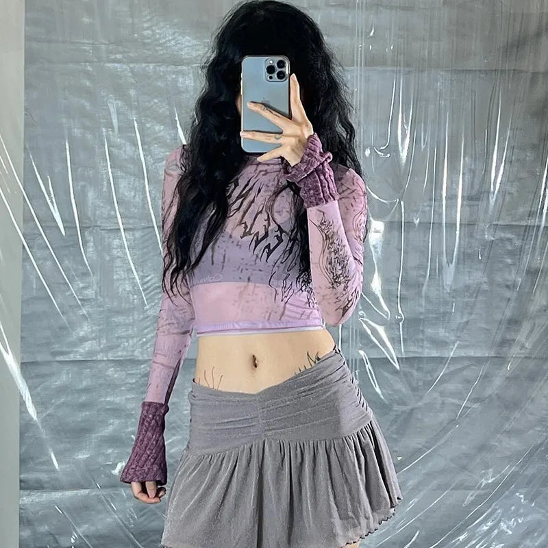 nvxiot  -  Fashion  Pattern Printed Mesh Top Women Stand Collar Long Sleeves Lilac Short Cropped T-shirt Ins Chic Female Celebrity OOTD