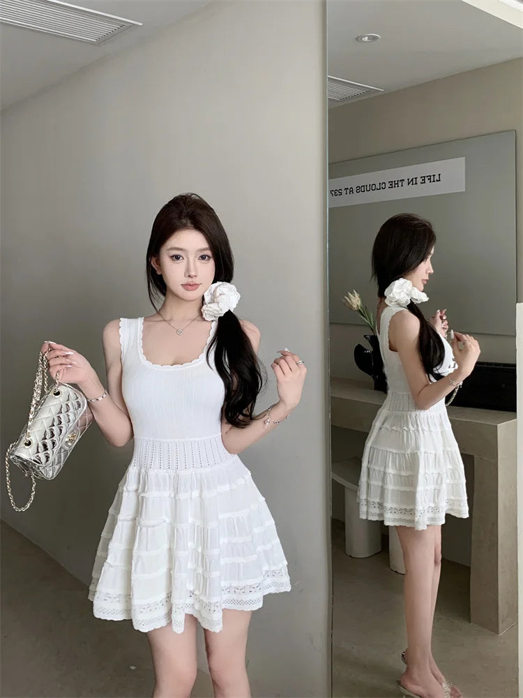 nvxiot  -  Summer Slim Knitted Dress for Women 2024 New Korean Style Trendy Pure Color Flare Cake Dress Sweet and Sexy Short Tank Dress