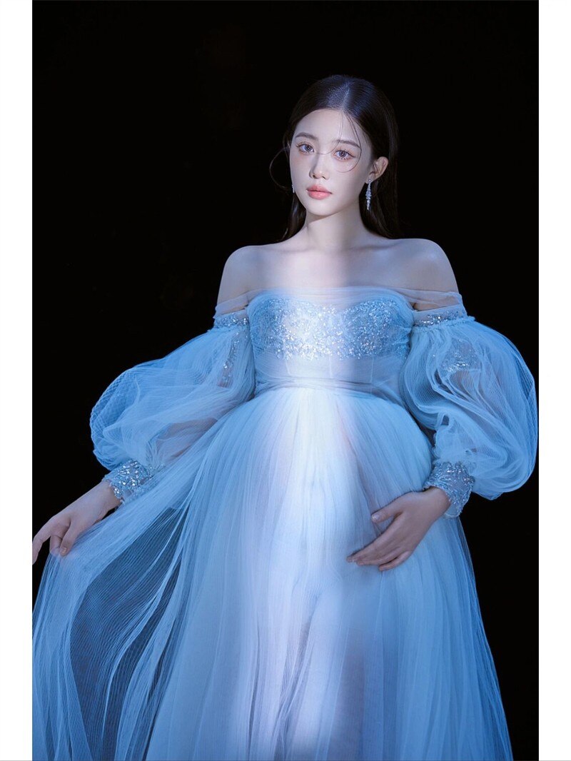 nvxiot Women Photography Props Handmade Blingbling Off-shoulder Maternity Dresses Blue Perspective Pregnancy Dress for Studio Shoot New