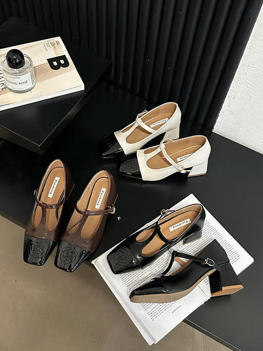 nvxiot Square Toe Women Pumps 2024 New Arrivals Black Brown Beige Square Mid Heeled Belt Buckle Dress Shoes Woman Pumps Size 35-39