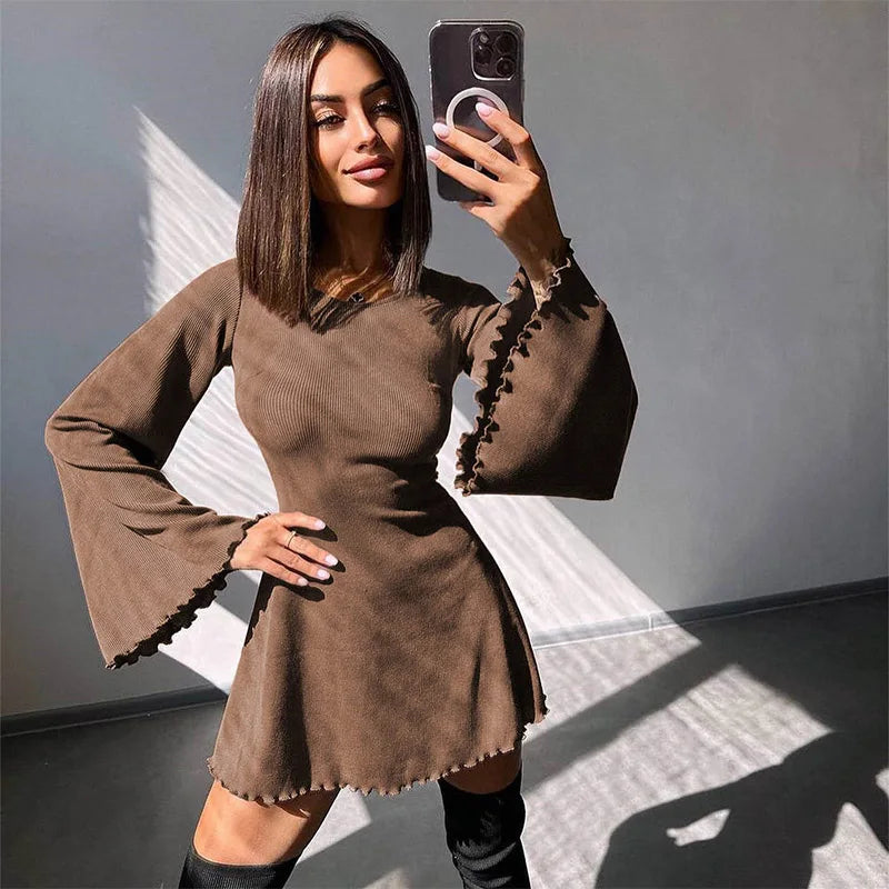 nvxiot Sexy Dresses Nightclub Mini Short Party Dress Women Back Bandage O Neck A Line Flare Sleeves Autumn Vestidos Ladies Fall Robe