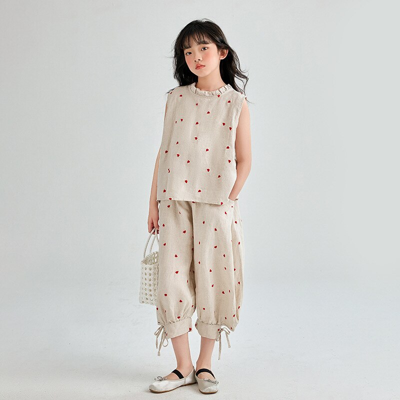 nvxiot Teenage Girls Summer Set Polka Dot Cotton Linen Vest Tops Casual Trousers Two-piece Thin Kids Boutique Clothes Children Outfits