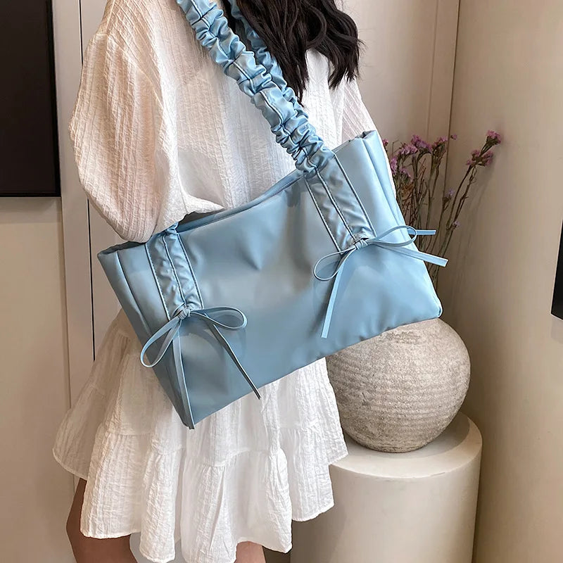 MQTIME  -   Pink Blue White Bow Pu Handbags Fashion Simple Big Capacity Casual Shoulder Bags For Women Trendy Daily Party Tote Handbags 2024