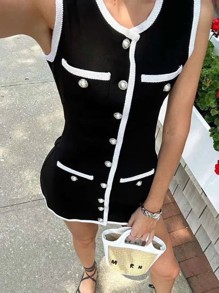 nvxiot Knit Sleeveless Single Breasted Mini Dress Women Slim Contrast Female Patchwork Dresses Spring Fashion O Neck Pockets Lady Robe