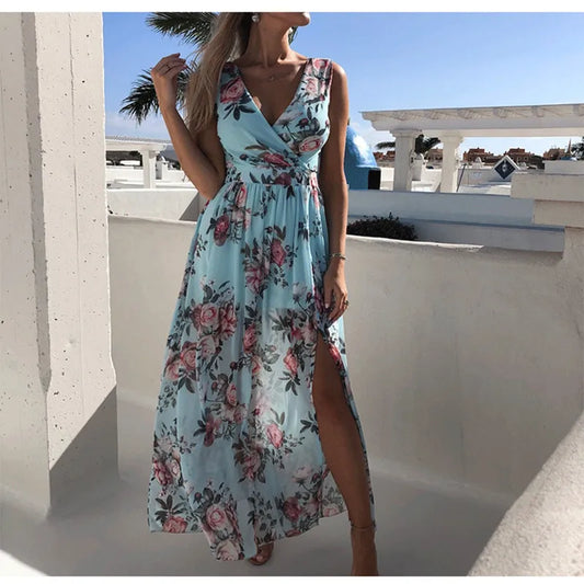 MQTIME  -  Summer Women's Chiffon Printed V-Neck Sleeveless Split Dress Women's Dress Women's Long Dress Beach Dress