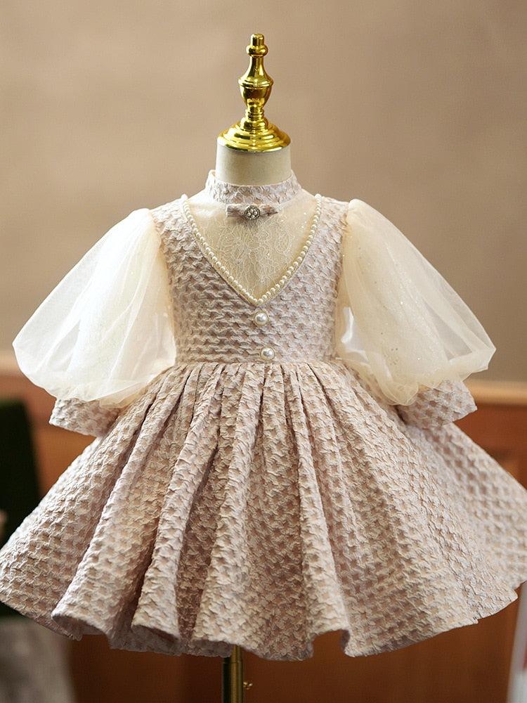 nvxiot Baby Girls Princess Ball Gowns Infant Girl Patchwork Lace Puff Sleeves Beading Midi Dress Children Elegant Cute Party Wear