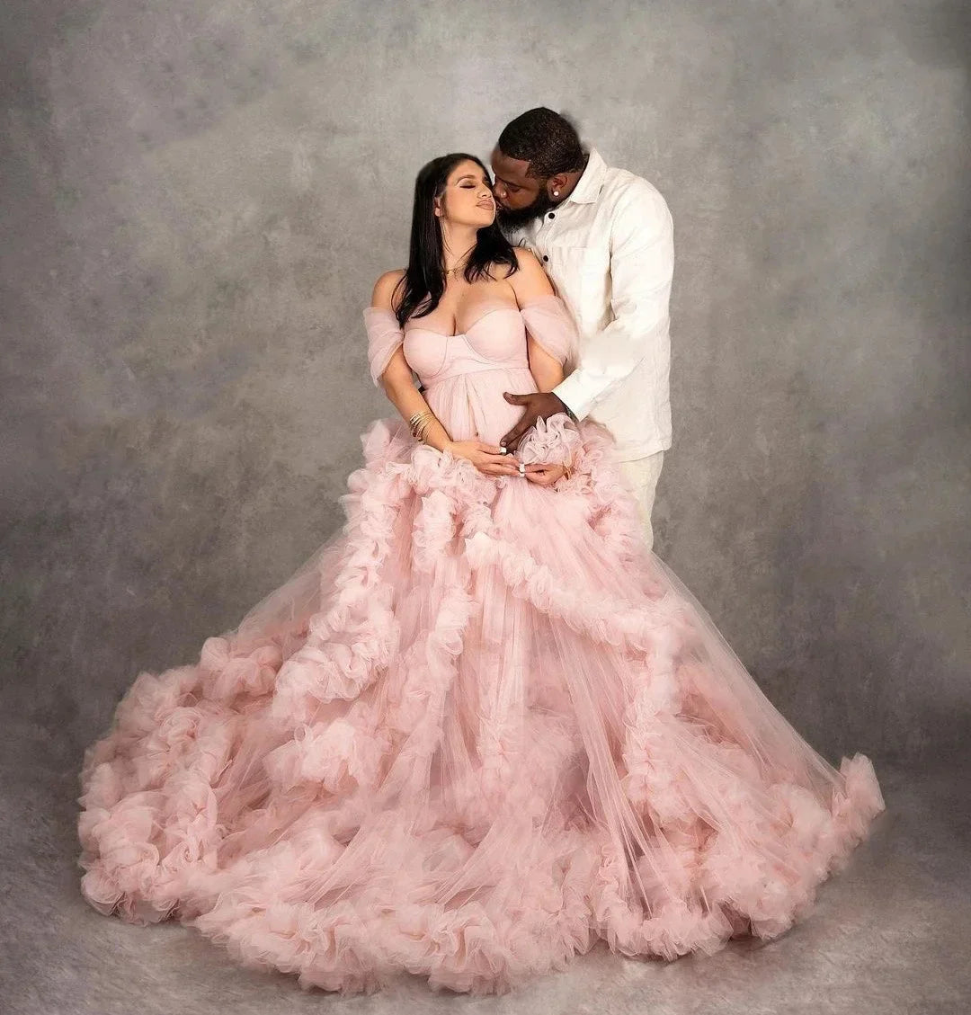 nvxiot Pink Ruffle Tulle Maternity Dresses Photoshoot Front Slit Sweetheart Lush Mesh Maternity Photography Dress