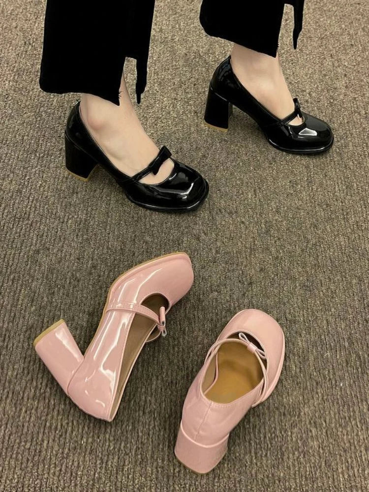 nvxiot Pink Kawaii Mary Janes Shoes Women Elelgant Shallow Heel Shoes Pure Color Causal Fashion Pumps Non Slip Summer Bow Chic