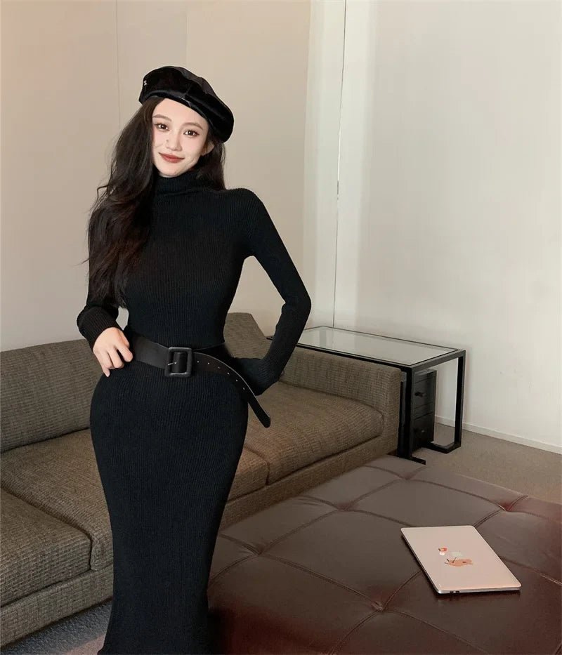 nvxiot autumn winter women solid elegant slim knitted dress korean long sleeve sweater dress office lady midi dress