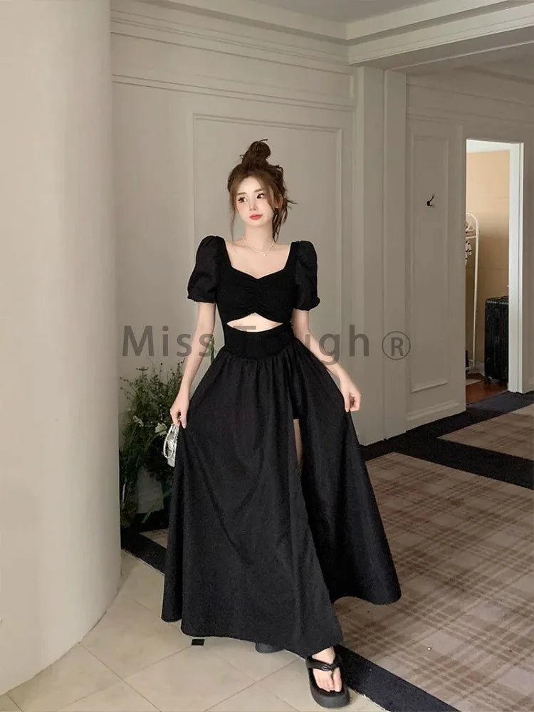 nvxiot Stylish Black French Vintage Elegant Dress Women Hollow Out Design Y2k Midi Dress Female Puff Sleeve Korea Chic Clothes 2024 Summer New