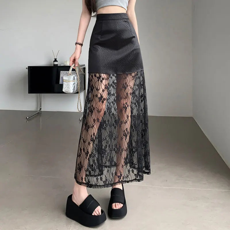 nvxiot  -  2024 Summer Commuter Korean Half Skirt High Waist Lace Slim Hook Flower Style New Solid Color Sexy Long Skirt for women