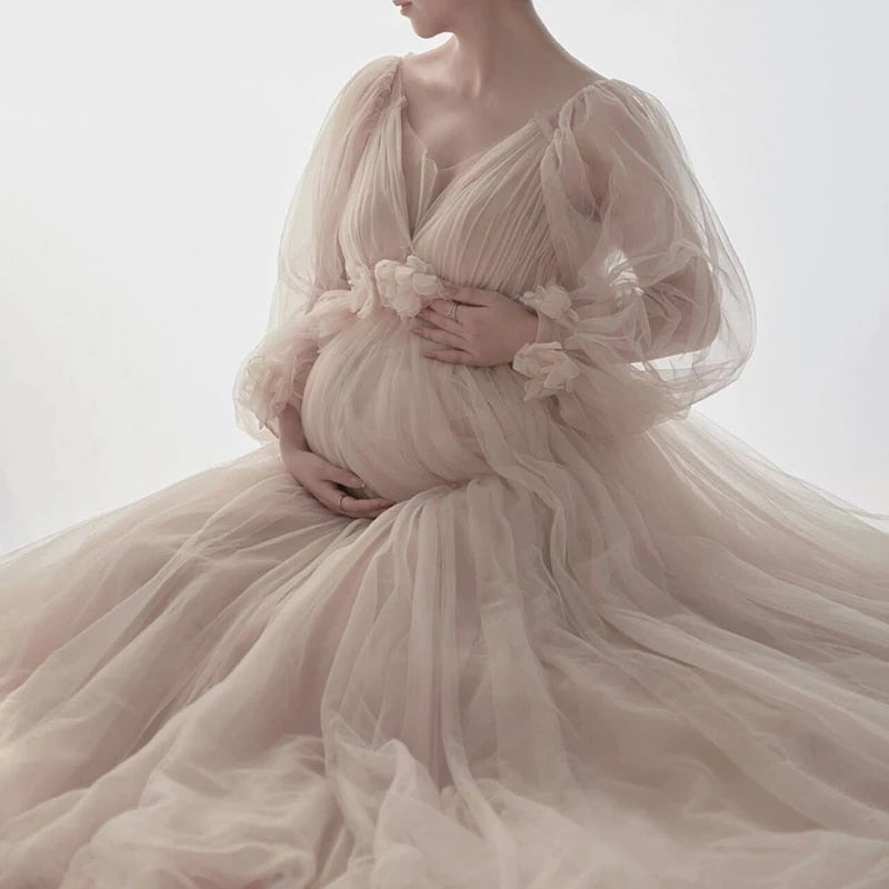 nvxiot Mesh Maternity Dresses For Photo Shoot Long Sleeve Tulle Floral Maxi Gowns Pregnant Women Photography Pregnancy Shooting Dress