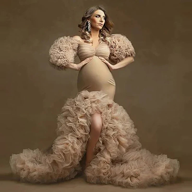 nvxiot  -  Real Image Floral Ruffled Bridal Maternity Dress Sexy Slit Elastic Maternity Dresses Photoshoot Baby Shower Baby Shower