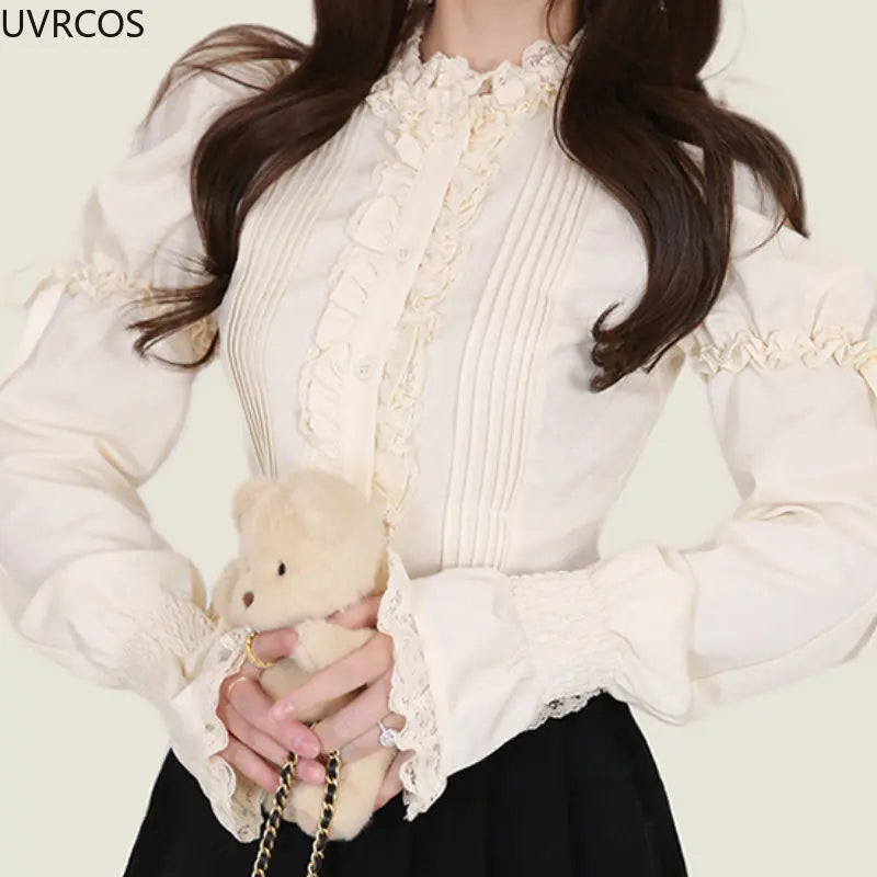 nvxiot Victorian Elegant Lolita Blouses Women Sweet Lace Ruffles Bandage Puff Long Sleeve Shirts Korean Fashion Slim Vintage Gothic Top