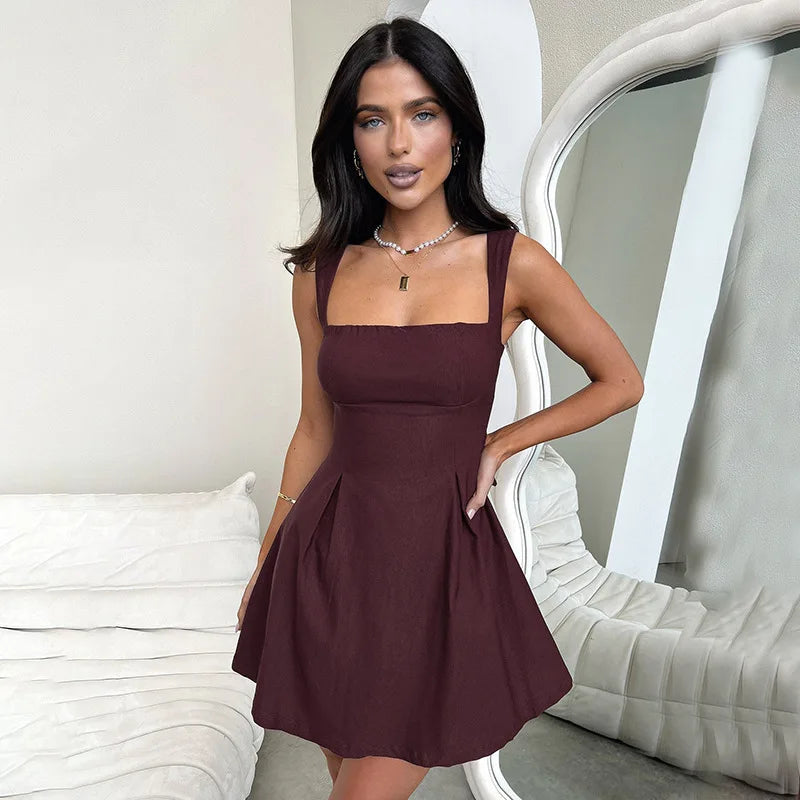 nvxiot-Sexy Backless Sleeveless Slip Mini Dress For Women Folds Solid Elegant Summer Sundresses Holiday Beach Vestido Clothes