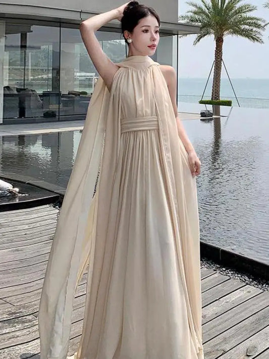 nvxiot  -  French Beige Elegant Vacation Halter Backless Birthday Party Pleated Fairy Dress A Line Prom Evening Gowns Long Dresses Summer