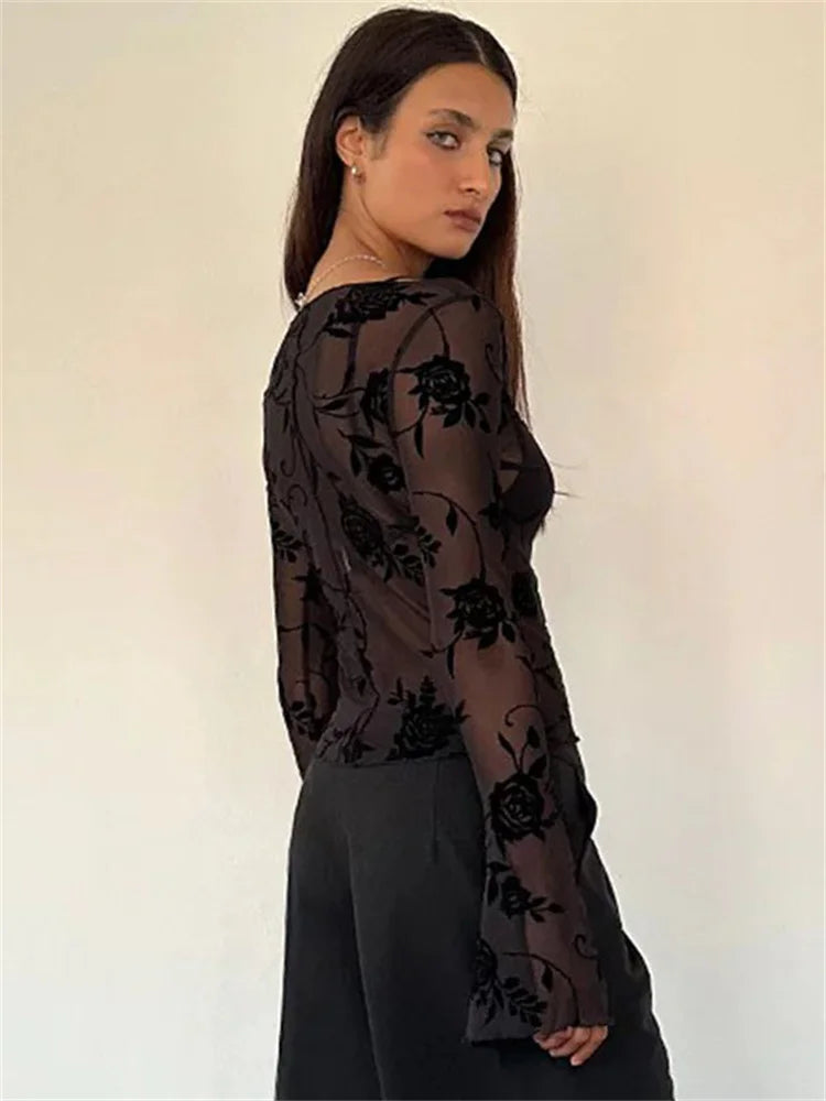 MQTIME  -  Sheer Mesh Patchwork Velvet Florals Crop Top Women Crew Neck Long Sleeved Slim T-shirt Hottie Autumn 2024 Streetwear