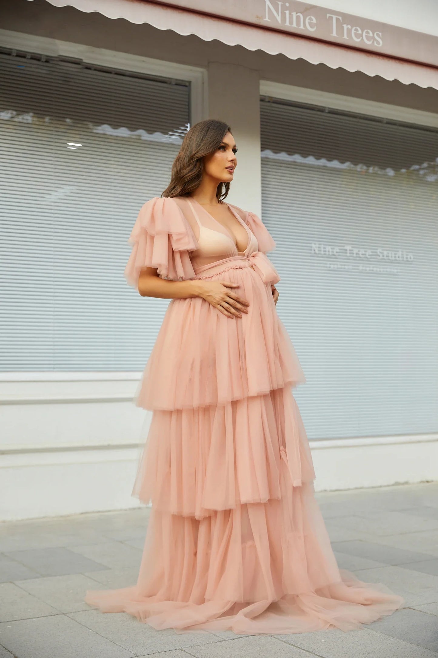 nvxiot Pink Photography Maternity Dress Puffy Tulle Party Gowns Ruffles Tiered Pregnant Woman Photo Shoot Robe Real Pictures Custom