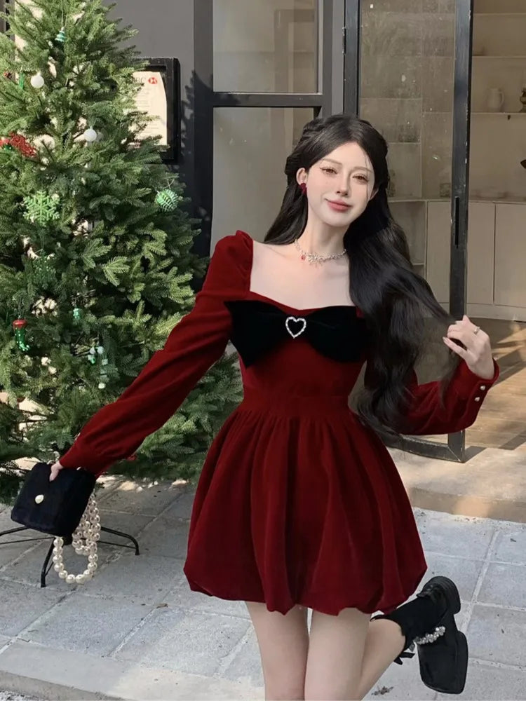 nvxiot Women's Red Velvet Dresses Square Collar Long Sleeve Bow Heart Design Mini Dress Autumn Winter Female Party Dress Christmas