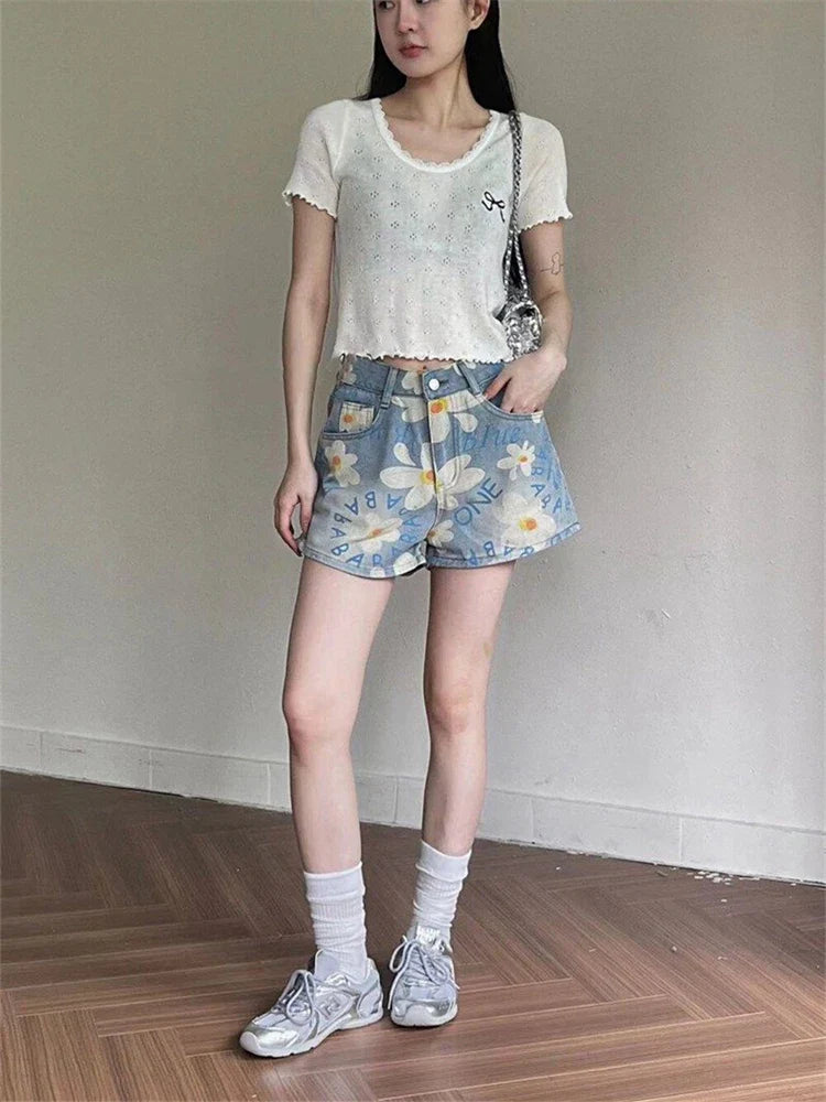 MQTIME  -  Women's Summer New Daisy Printed Denim Shorts Street High Waisted A-line Wide Leg Bottoms Casual Female Straight Mini Pants