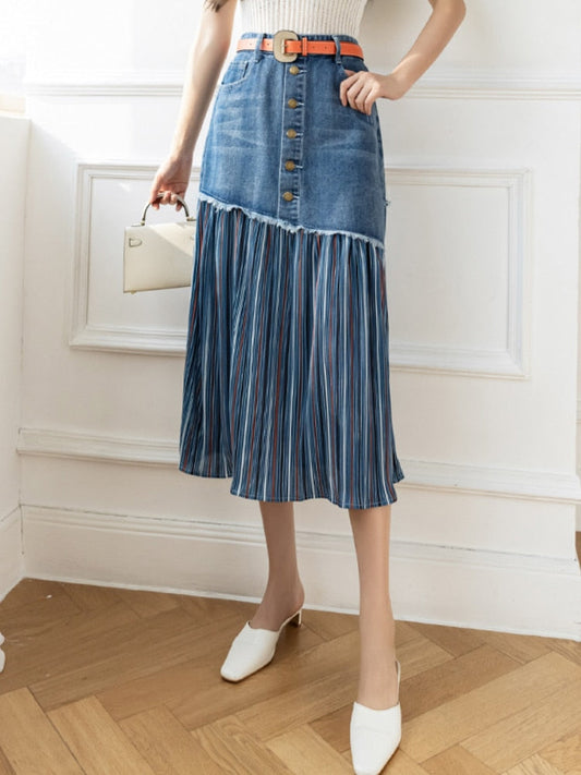 nvxiot Denim Skirt Summer Patchwork Pleated Jeans Skirt Women High Waist Vintage Elegant Korean Fashion Clothing Oversize A-LINE Button