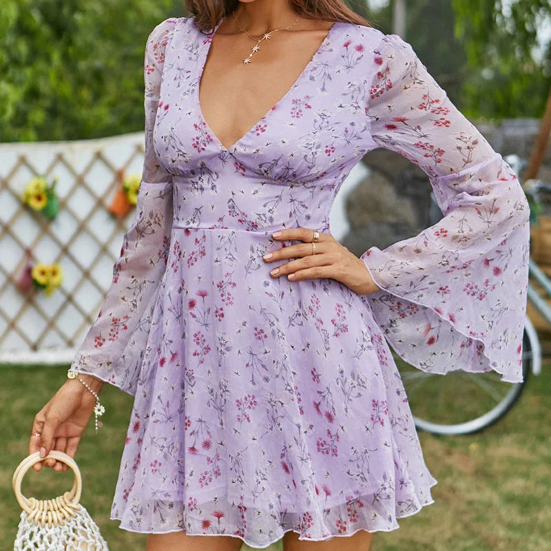 nvxiot Lady Elegant Flare Sleeve Floral Printed Slim Dress Fashion V-Neck Spring Sexy Mini Dresses Casual Women High Waist A-Line Dress