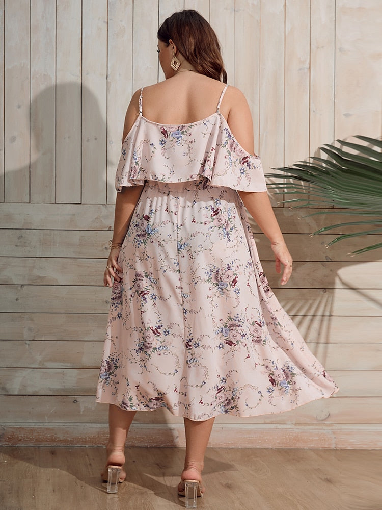 nvxiot Floral Print Cold Shoulder Ruffle Trim Dress Plus Size Women's Summer High Waist Cami Even Dress