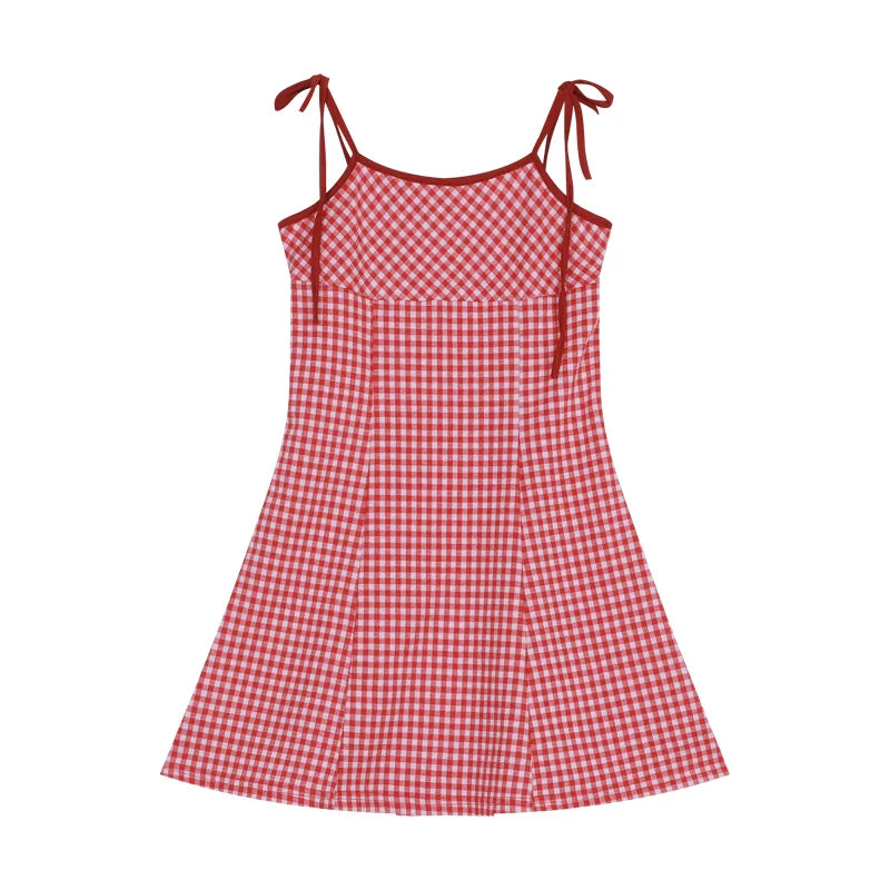 MQTIME  - Y2k Red Spaghetti Strap Summer Dress Plaid A-line Strapless Mini Dresses for Women Korean Fashion Slim Cutecore Clothes