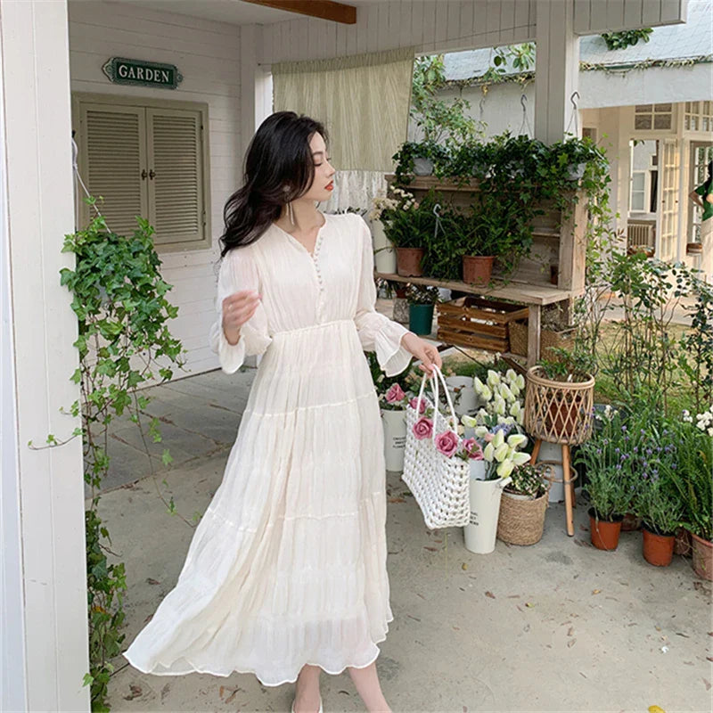 nvxiot-Elegant Chic Women White Midi Dress for Autumn 2023 New Chiffon Puff Long Sleeve V-neck Casual Office Lady Cute Fairy Dress