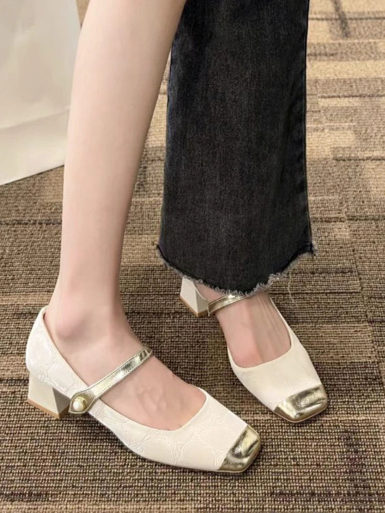 MQTIME  -  Summer Elegant Causal Sandal Women Basic Shallow Square Toe Pumps Office Lady Non Slip Vintage Shoes Korean Fsahion Comfort