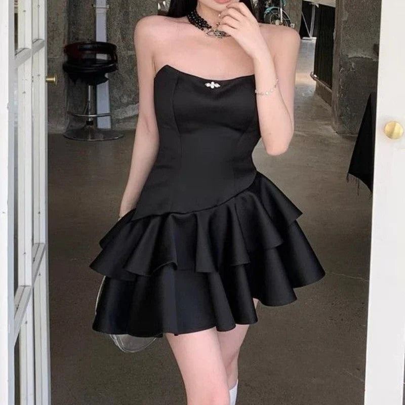 nvxiot  -  Black Strapless Sweet Satin Dresses Woman Mini Sleeveless Short Dress Coquette Aesthetic Ruffle Bodycone Summer Chic