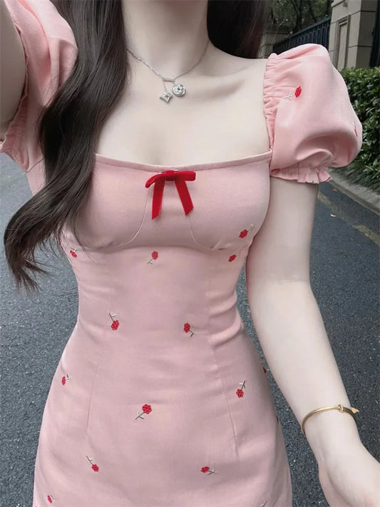 MQTIME  - Short Pink Dress for Women Summer New in Bow Flower Square Neck Sweet Spicy Dress Pure Puffy Sleeves Sexy Sheath Y2k Dresses