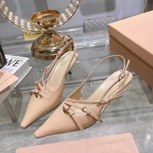 nvxiot Pointed button strap cat heel sandals for women's spring new style with a sexy bun, slim heels, and elegant high heels