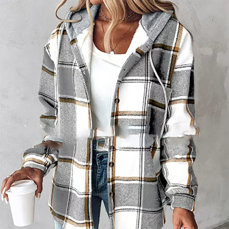 MQTIME  -  2024 Autumn Plaid Printed Women's Jacket Casual Streetwear Long Sleeved Hooded Coat Fashion Single Breasted Commuting Outerwear