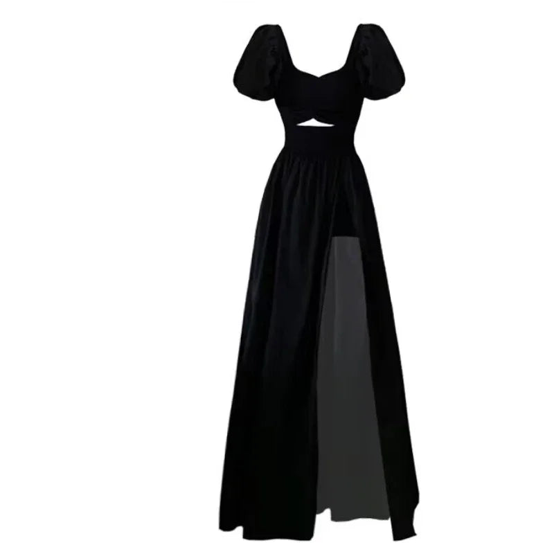 nvxiot Stylish Black French Vintage Elegant Dress Women Hollow Out Design Y2k Midi Dress Female Puff Sleeve Korea Chic Clothes 2024 Summer New