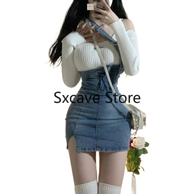 nvxiot 2024 Autumn Casual Knitted Suits Women Y2k Sweater + Fashion Jean Dress 2 Piece Dress Set Korean Fashion Clothing Chic