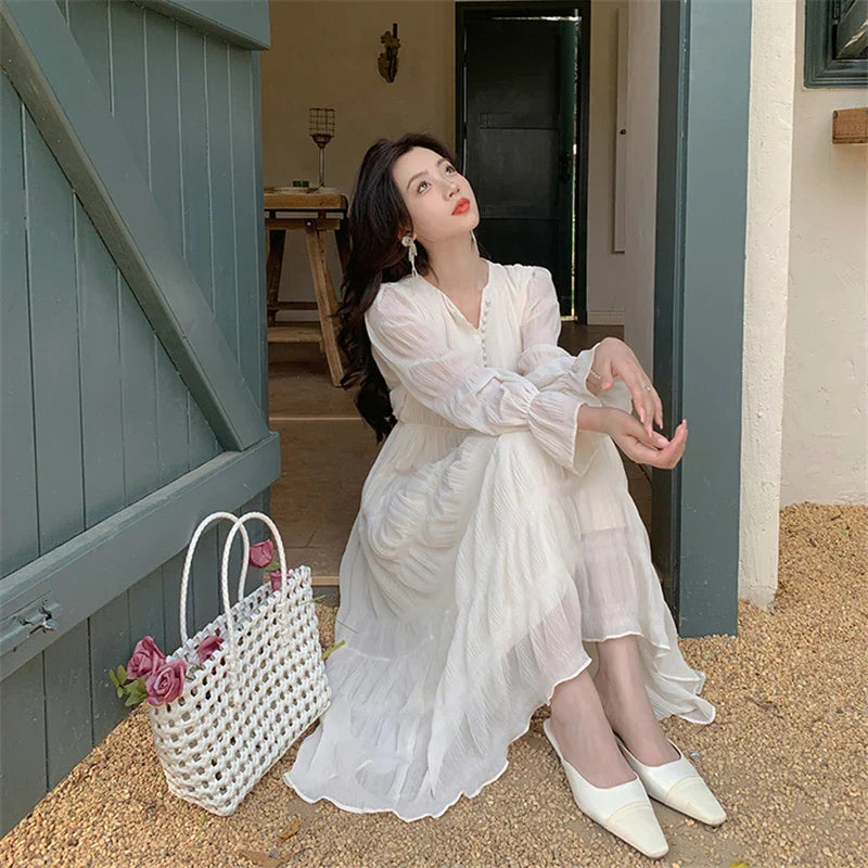 nvxiot-Elegant Chic Women White Midi Dress for Autumn 2023 New Chiffon Puff Long Sleeve V-neck Casual Office Lady Cute Fairy Dress