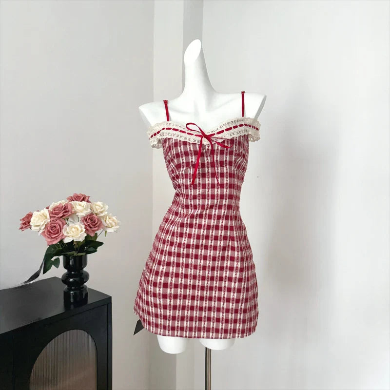 nvxiot Stylish Japanese Plaid Kawaii Strap Dress Women Lace New Korean Casual Y2K Mini Dress Female V-neck High Waist Cute Clothes 2024 Summer