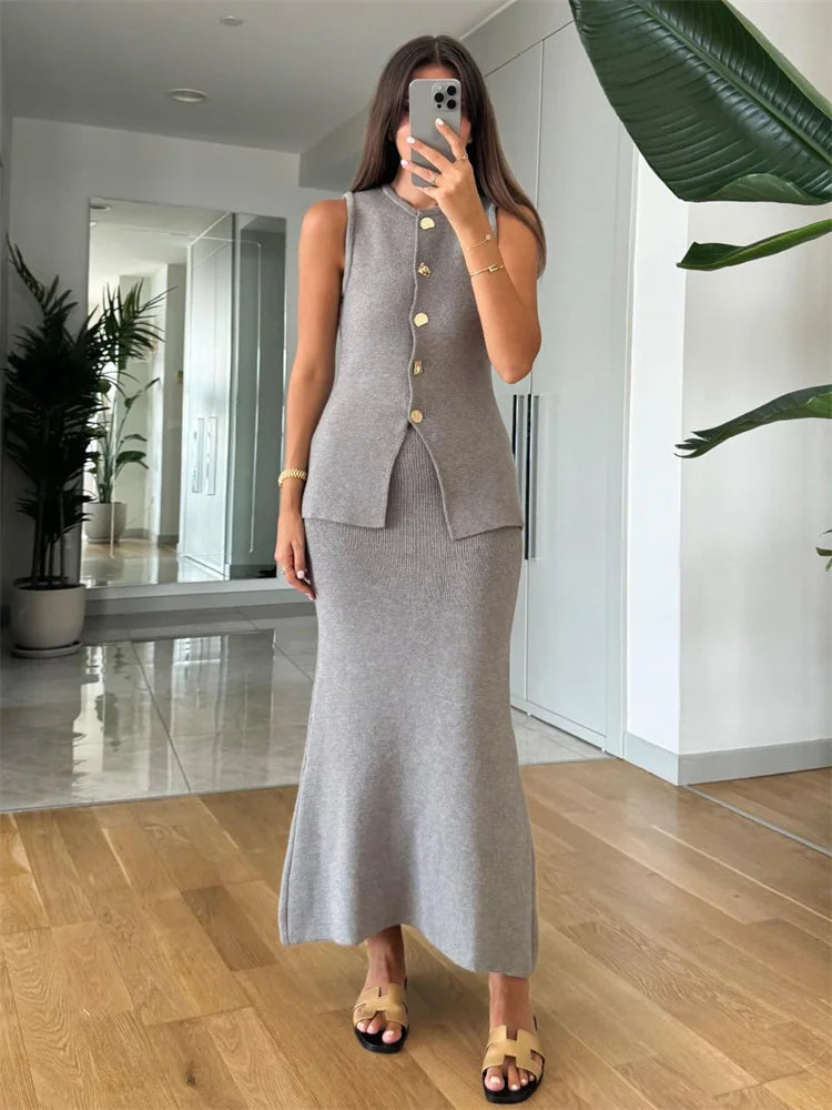 nvxiot  -  Fall Outfits 2024 Knitwear Fashion 2 Piece-Set Maxi Skirt Women's Sleeveless Patchwork Cardigan Top And High Waist Long Skirt Sets Female