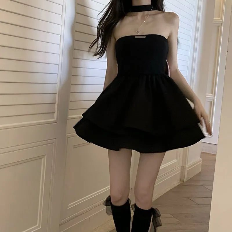 nvxiot-Summer Black Strap Kawaii Dress Women Casual Bow Sweet Party Mini Dress Female Casual Korean Fashion Elegant Cute Dress 2024