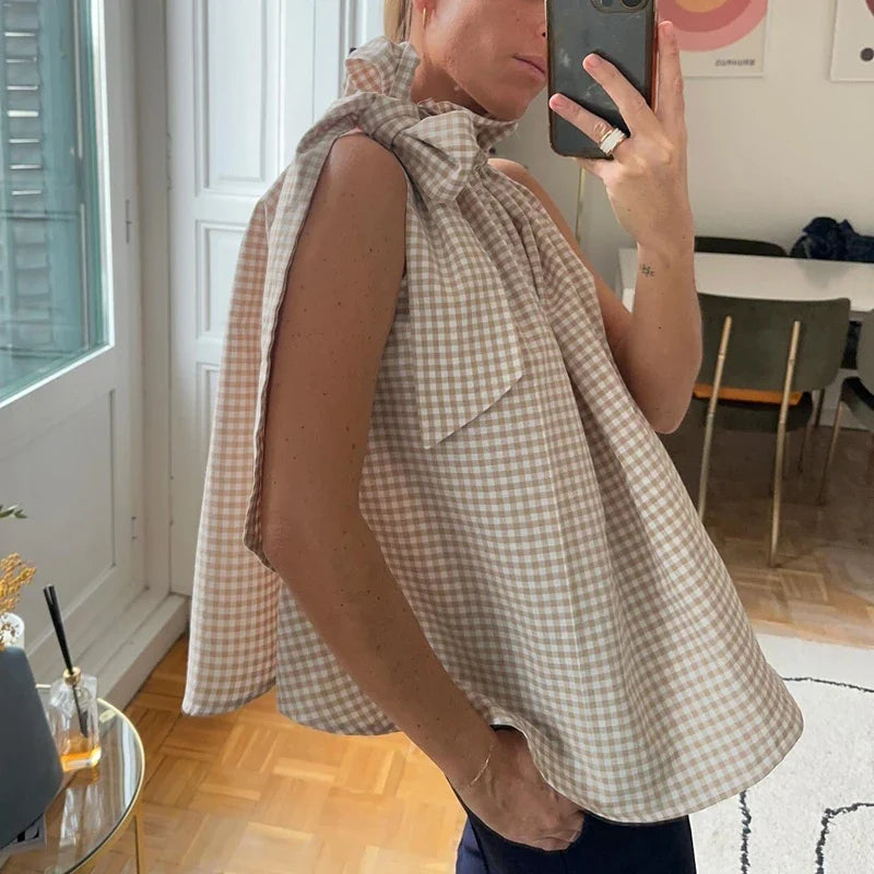 nvxiot  -  Women Shirring Bandage Neck Tank Tops Y2K Vintage Striped/Plaid Loose Fit Crop Tops Holiday Outfits Summer Sleeveless Vest