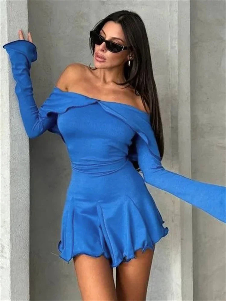 nvxiot  -  Ruffled Off-Shoulder Casual MIni Dress For Women Long Sleeve Patchwork Solid High Waist Party Dress Female Dress Autumn