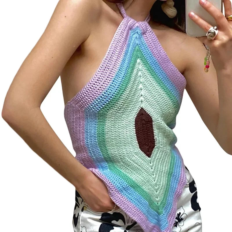 nvxiot  -  Summer Patchwork Knitted Cropped Top Ladies Halter Neck Y2K Halter  New Green T-shirt Casual Party Sleeveless Sexy Vest