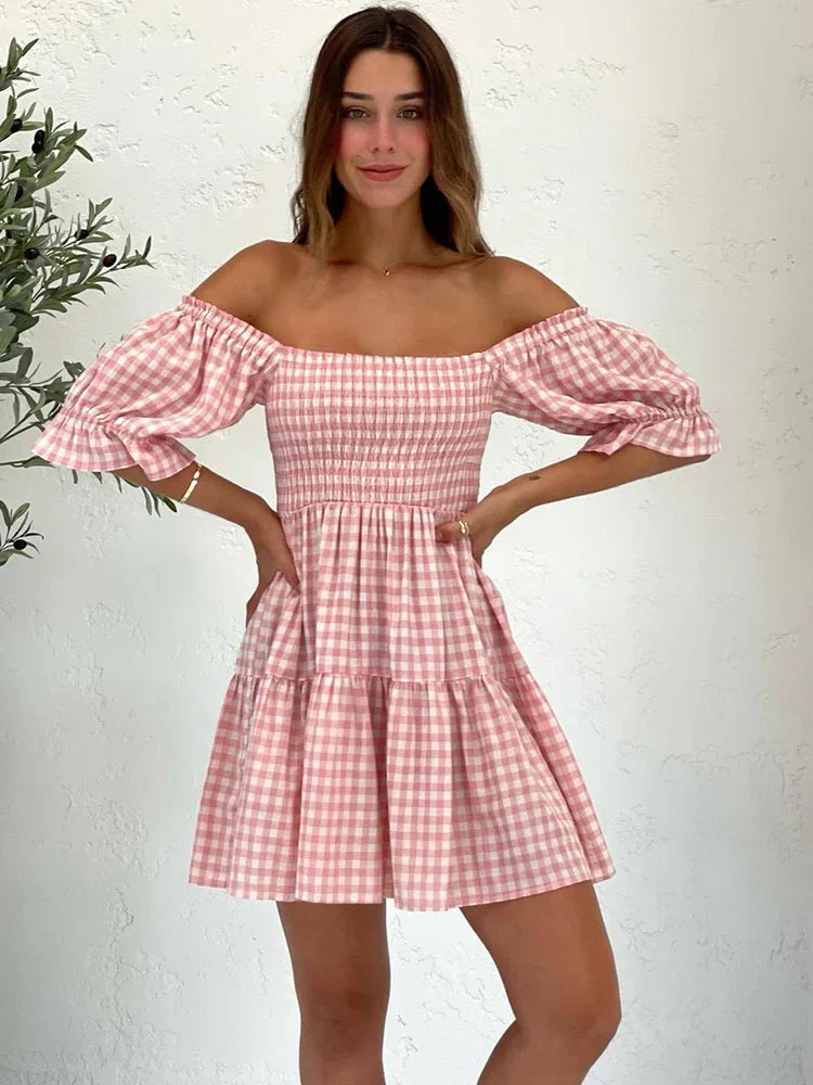 nvxiot Square Collar Gingham Printed Women Casual Summer Short Dress Puff Sleeve A-line Pink Cute Fashion Outfit Vestidos