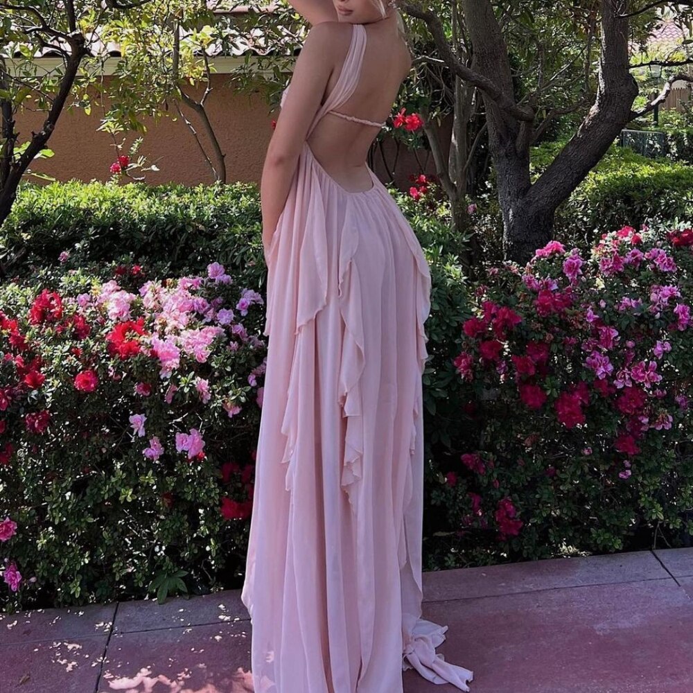 nvxiot Y2K Ruffles Fairy Dress Women Pink Mesh Strapless Maxi Dress Summer Irregular Sexy Backless Party Dress 2023 Summer Beach Outfit